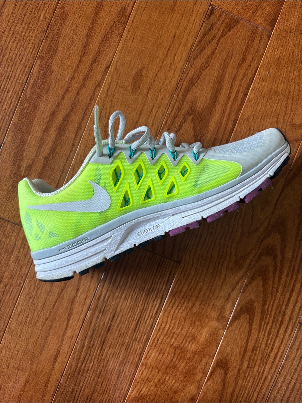 Nike Women’s Running Shoe - Neon Yellow and White with Purple Accents